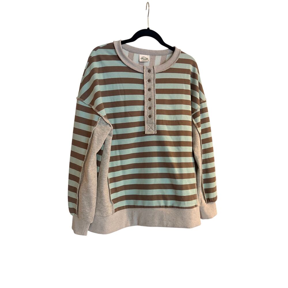 Oversized Striped Half Button Down Top-Mocha/Sage